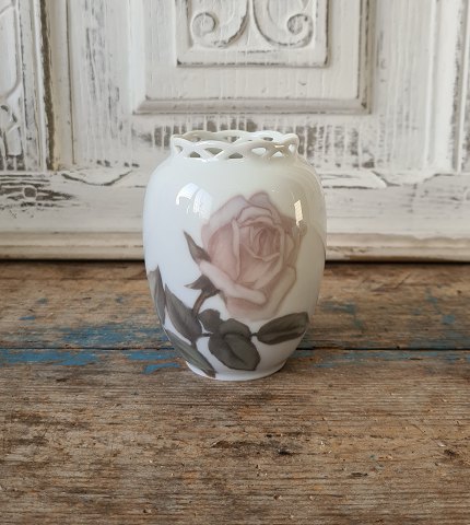 Royal Copenhagen At Nouveau vase with openwork edge, decorated with rose no. 219/160