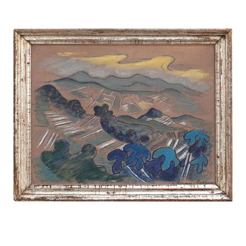 Rita Kernn-Larsen, 1904-98, Öl auf Holz. 
Landschaft mit Bergen. Signiert und datiert 1948. 
Lichtmasse: 25x32cm. Mit Rahmen: 31x38cm
