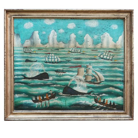 Partie mit Walfängern vor der Küste Grünlands. Öl 
auf Leinen. Signiert und datiert "Landenne 55" 
(1855). Lichtmasse: 61x72cm. Mit Rahmen: 72x83cm