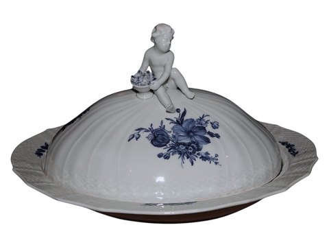 Blå Blomst SvejftetEkstra stor og sjælden skål med låg med figur af dreng fra 1790-1820