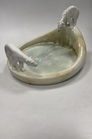 Stor Royal Copenhagen Art Nouveau Krystal Glasur Skål med Isbjørne designet af Arnold Krog og Glasur af Søren Berg "Nordpolen" fra 17. Januar 1925
