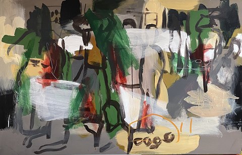 Oliemaleri på lærred, uden ramme, men i bred blændramme.