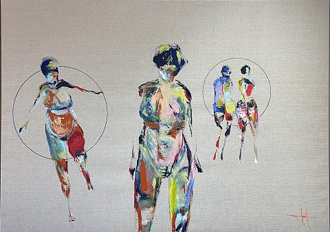 "Leg med tiden" Elegant maleri i akryl farver, monteret i massiv egetræs svæveramme fra Bogø Design