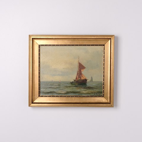 Marine Painting with Sailing Ship in Gilt Frame from the 1890s