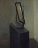 Lars Vidlund, Swedish artist, oil on board. Modernist still life with mirror on a pedestal. Dark and subdued tones.