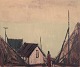 Peder Brøndum Sørensen (1931-2003), dansk maler, olie på lærred.”Huse ved havet”.