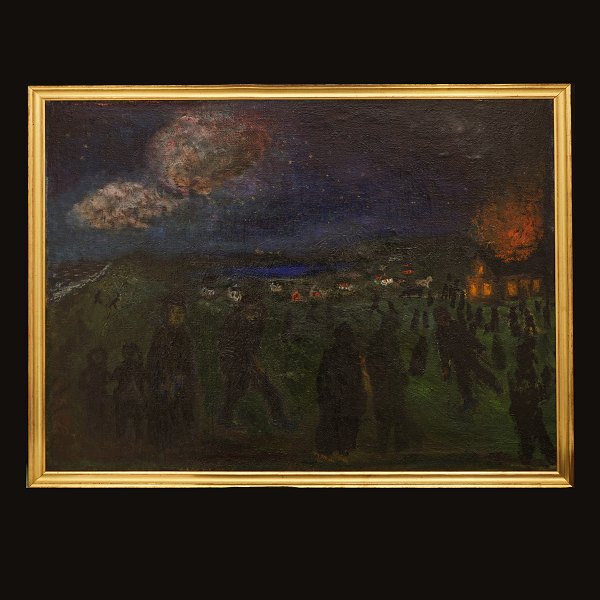 Jens Søndergaard: "Brennendes Haus". Öl auf Leinen. Signiert und datiert 1931. 
Lichtmasse: 96x122cm. Mit Rahmen: 102x128cm