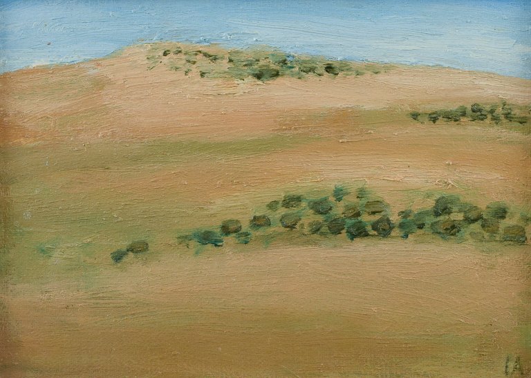 Ingvar Andersson, listed Swedish artist, oil on canvas.Modernist summer landscape with yellow field and blue sky.