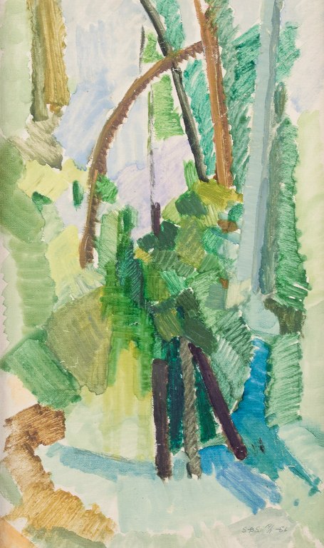 Swedish modernist, S-BS, oil on canvas.Modernist landscape with trees.