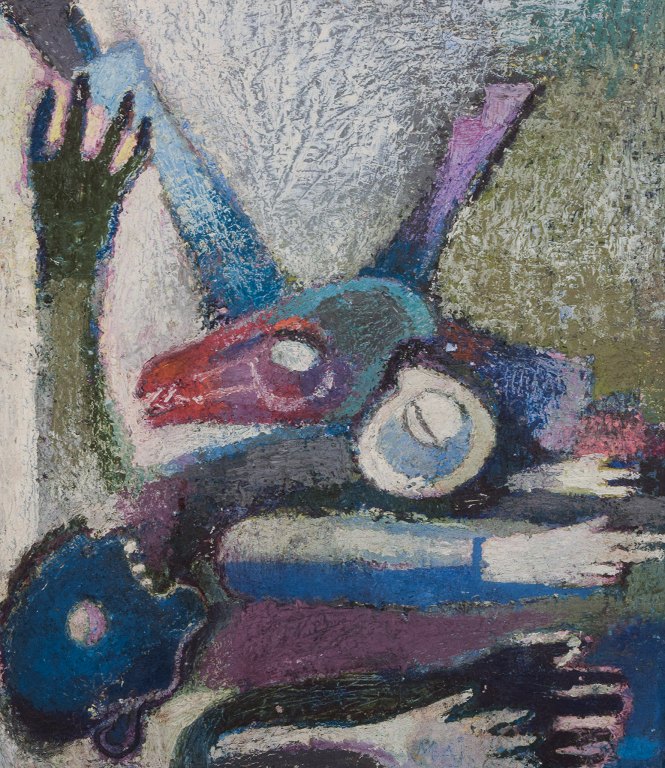 Maj Hemberg, Swedish artist, oil on board. Abstract composition. Colorful palette. Painted with thick brushstrokes.