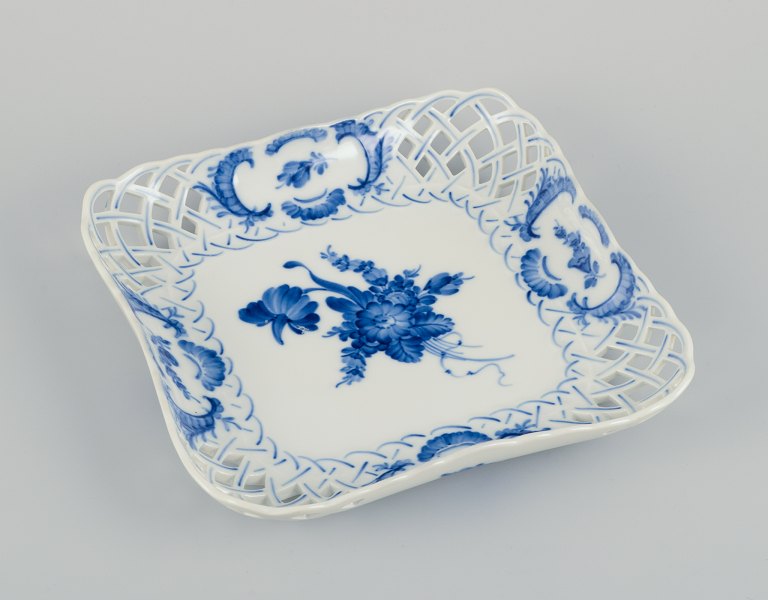 Royal Copenhagen Blue Flower. Open lace square bowl. Hand-painted.