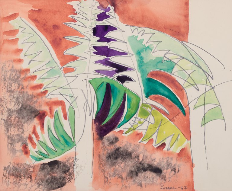 Sverre Erxson (born 1932), Swedish artist, watercolor on paper.Decorative palm tree. Abstract style.