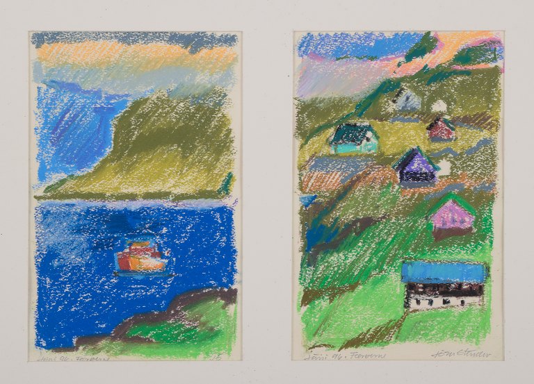 Jörn Stender, Danish artist. Pastel on paper.Two landscape scenes with houses from the Faroe Islands.