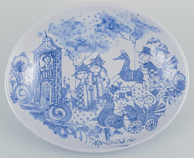 Bjørn Wiinblad, own workshop.Large oval ceramic bowl hand-painted in blue.