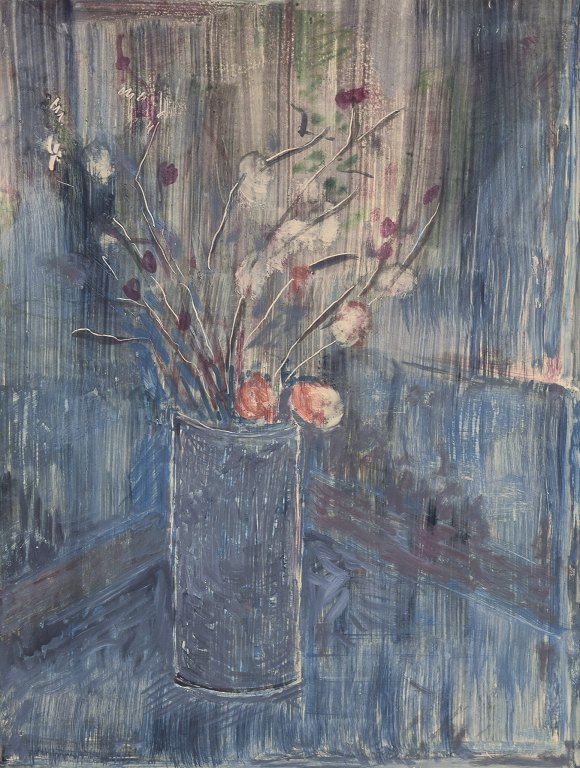 Lars Byström (1940-2006), svensk kunstner. Tempera på plade.Blomster i vase.