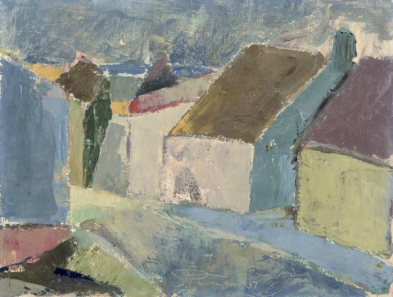 Pierre Forssell (1925-2004), svensk designer og kunstmaler.Olie på lærred.Modernistisk landskab med huse.