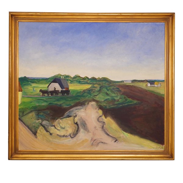 Jens Søndergaard maleri. Jens Søndergaard, 1895-1957, olie på lærred. Betitlet og dateret "Landskab" 1952(?). Signeret. Lysmål: 117x129cm. Med ramme: 135x147cm