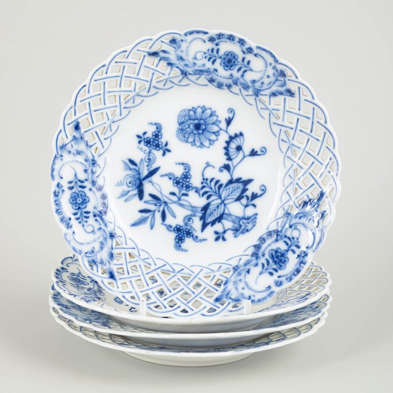 Meissen, Blue Onion openwork plates, set of four.