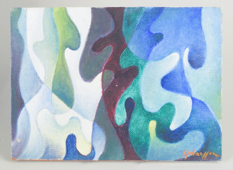 Sven Johansson, svensk kunstner, oliemaleri på plade, abstrakt komposition.