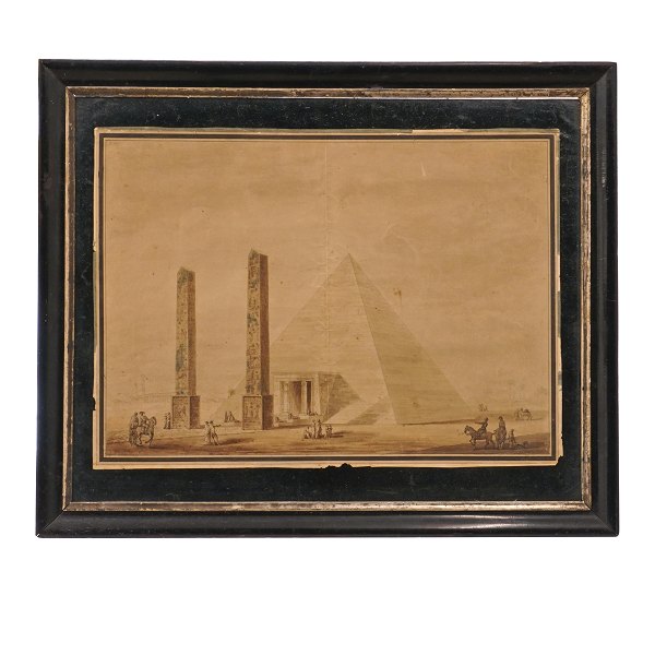 Unknown artist: Egyptian landscape 19. th century, drawing and watercolor. Visible size: 34x46cm. With frame: 48x59cm