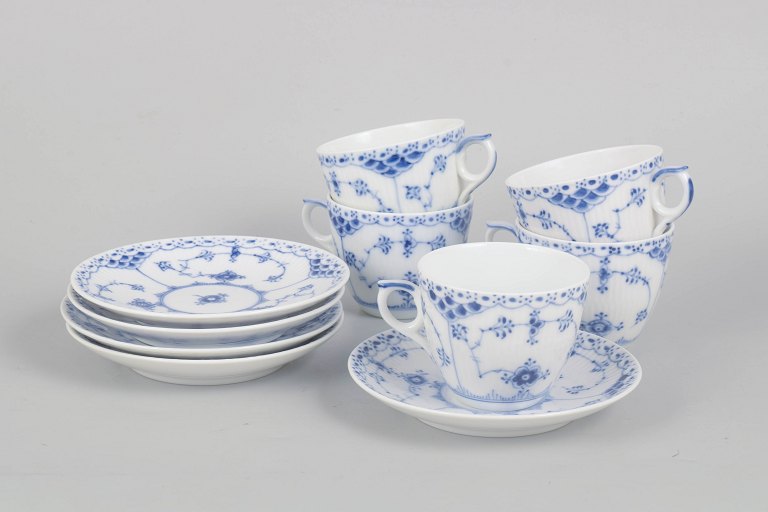 Royal Copenhagen Blue Fluted Half Lace, set of five coffee cups and saucers.