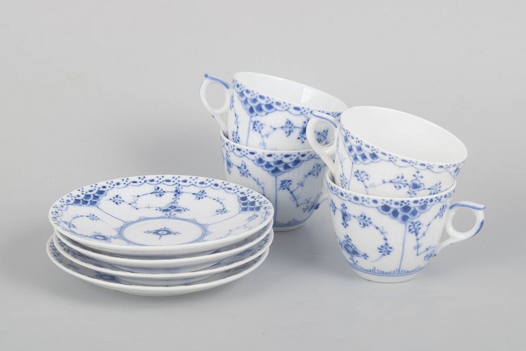 Royal Copenhagen Blue Fluted Half Lace, set of four coffee cups and saucers.