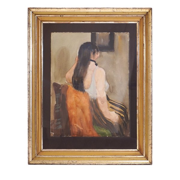 Carl Fischer, 1887-1962, watercolour. Motif depicting a seated woman seen from behindSigned and dated 1947. Image size: 52x39cm. With frame: 77x61cm