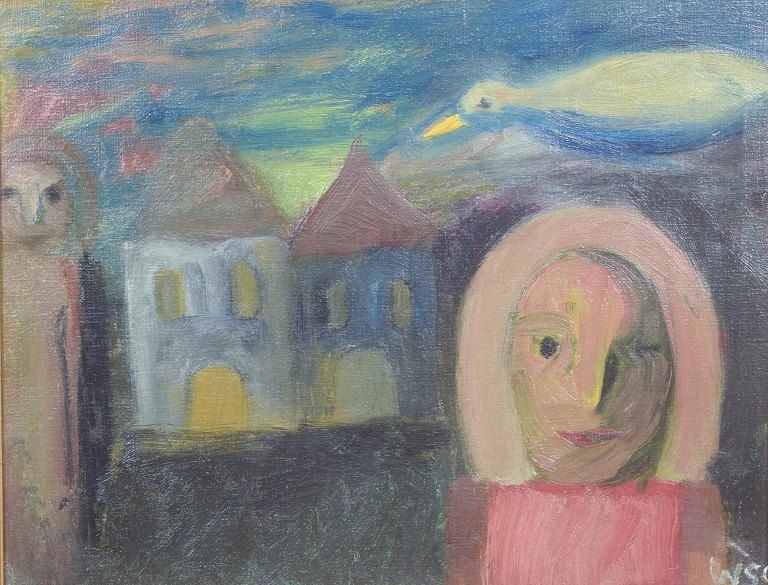Wiliam Skotte Olsen, figurative composition, oil on canvas, listed Danish artist.
