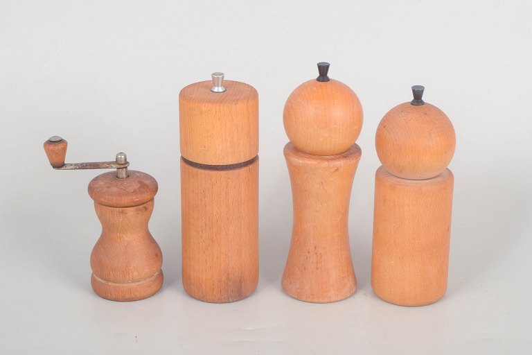 Collection of four Danish and French salt and pepper mills, circa 1960s.