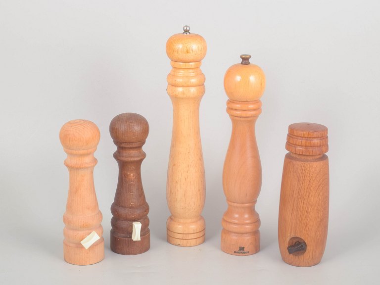 Collection of five Danish and French salt and pepper mills, 1960-80s.