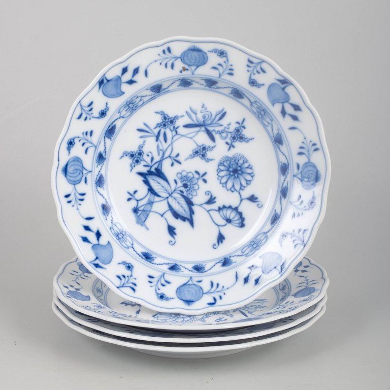 Meissen, Set of Four Deep Dinner Plates in Blue Onion Pattern.